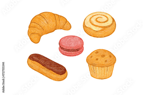 Assortment of French and American pastries, sweet baked goods, and desserts: croissant, macaron, eclair, muffin, cinnamon roll