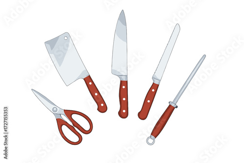 Essential kitchen knives, cleaver, bread knife, shears, and sharpening steel for culinary tasks