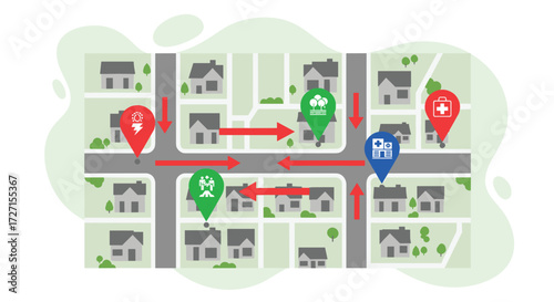 Neighborhood Map with Navigation Pins and Route.