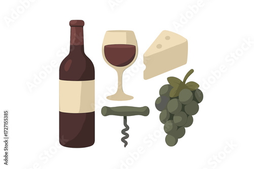 Elegant wine bottle, full glass, delicious cheese, fresh grapes, and corkscrew for a sophisticated tasting experience