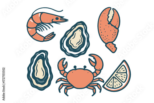 Delicious fresh seafood collection featuring shrimp, crab, oysters, lobster claw, and lemon wedge