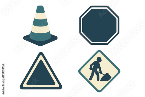 Essential road construction safety signs and traffic cone set for work zone warnings and public safety