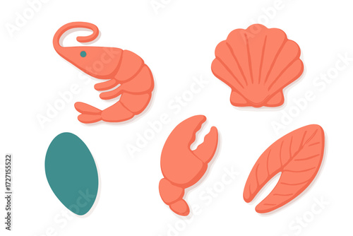 Stylized collection of fresh seafood items including shrimp scallop mussel crab claw and salmon fillet