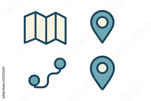 Collection of navigation and location icons, including a folded map, GPS pin markers, and a route path for travel and mapping applications