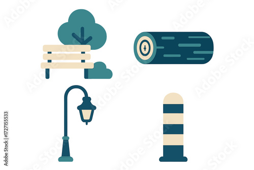 Outdoor park and street elements: wooden bench, green tree, cut log, classic lamppost, striped bollard