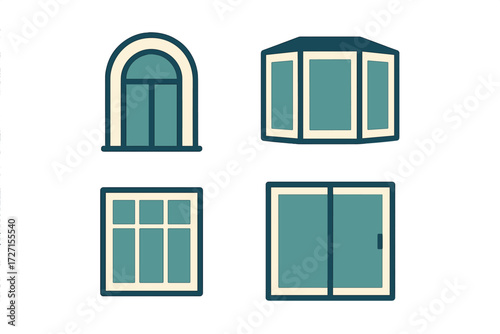 Collection of diverse window styles including arched, bay, gridded, and sliding designs for architectural projects