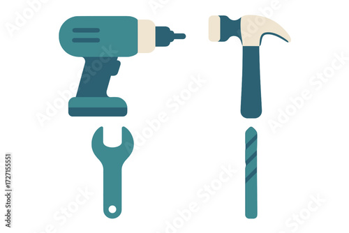 Collection of essential construction and repair tools including a power drill, hammer, wrench, and drill bit