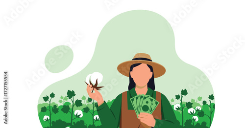 Farmer holding cotton and money in a cotton field.