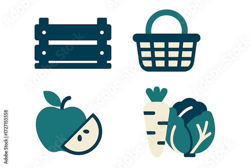 Assortment of fresh produce and harvesting items including a wooden crate, woven basket, apple, carrot, and cabbage