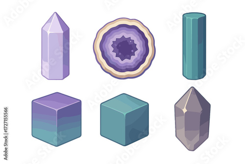Assortment of stylized crystal and geode shapes including points, cubes, and a cross-section in purple and teal tones