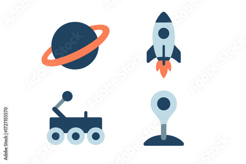 Modern flat design space exploration elements with ringed planet, launching rocket, planetary rover, mission marker