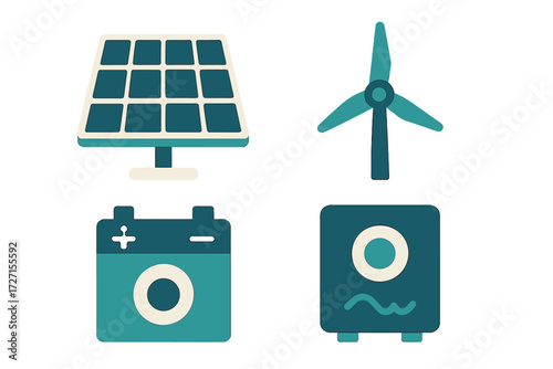 Sustainable energy sources and storage solutions including solar panel, wind turbine, battery, and power unit