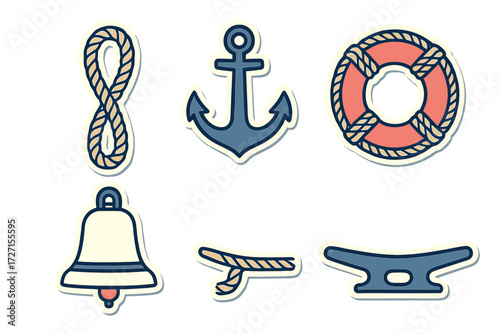 Collection of traditional nautical marine elements and sailing equipment like anchor, lifebuoy, rope, and bell