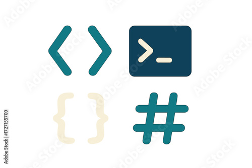 Set of coding and development icons with angle brackets curly braces terminal prompt and hashtag