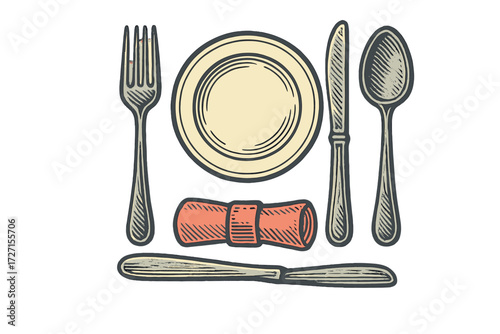 Traditional dining cutlery set with plate, fork, knife, spoon, and napkin in vintage woodcut style