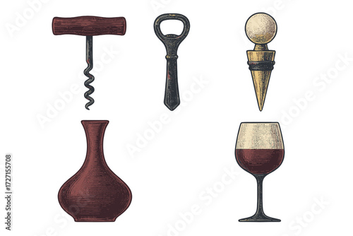 Collection of wine and bar accessories including corkscrew, bottle opener, stopper, decanter, and wine glass