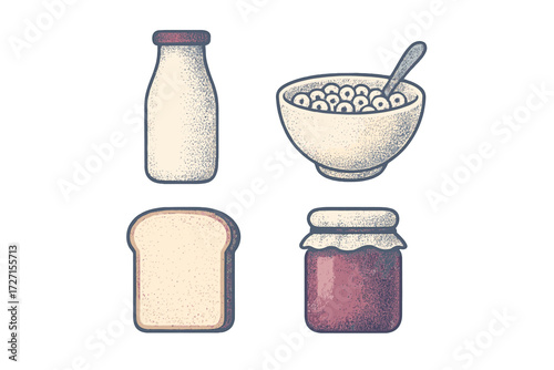 Essential breakfast food items collection featuring milk bottle cereal bowl bread slice and jam jar