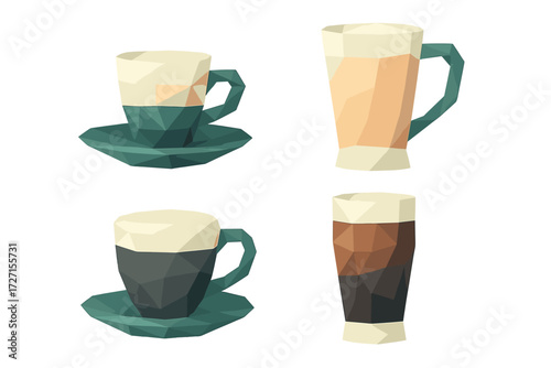Stylized geometric coffee cups and tall glasses with layered espresso and milk beverages in a modern polygonal design