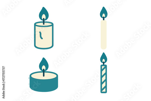 Collection of diverse burning candles including pillar, taper, tea light, and striped designs for festive occasions