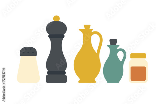 Collection of kitchen condiments and cooking essentials including salt shaker pepper mill oil vinegar pitchers and spice jar