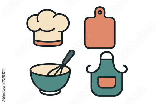Assortment of essential kitchen cooking tools and chef equipment icons for culinary preparation, baking, and restaurant themes