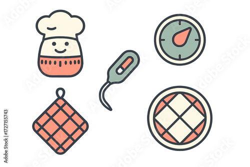 Assortment of kitchen cooking and baking tools and accessories including a chef timer, thermometer, oven mitt, and pie