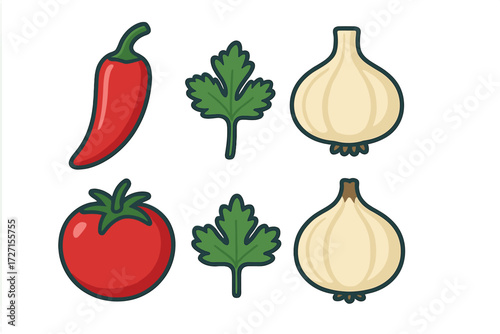 Assortment of fresh culinary ingredients including red chili pepper, ripe tomato, green parsley, and white garlic bulbs