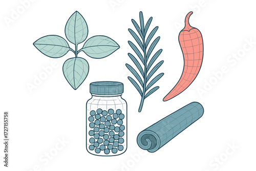 Stylized assortment of fresh culinary herbs, aromatic spices, and natural ingredients for cooking, health, and wellness