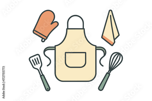 Collection of cooking and baking accessories including apron, oven mitt, spatula, whisk, and kitchen towel for culinary themes