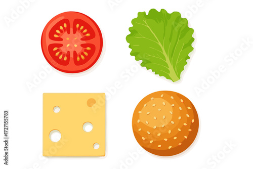 Top view of fresh burger ingredients: juicy tomato slice, crisp green lettuce, yellow cheese, and sesame seed bun