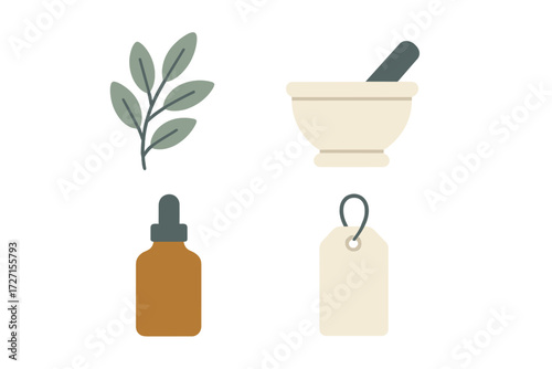Herbal medicine and natural cosmetic ingredients with botanical branch, mortar, pestle, and essential oil dropper bottle for organic wellness