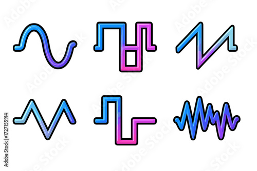 Set of colorful abstract waveform designs with vibrant gradient lines and glossy outlines for technology and sound