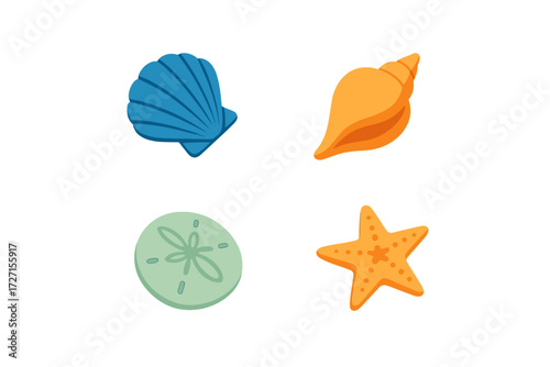 Stylized collection of various marine life elements including blue scallop shell, orange conch, green sand dollar, and orange starfish