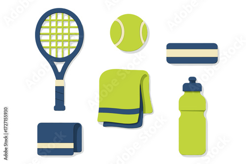 Tennis equipment collection with racket, ball, towels, and water bottle for sport and fitness activity