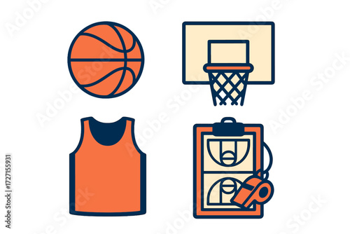 Basketball game elements: ball, hoop, player jersey, coach clipboard, whistle