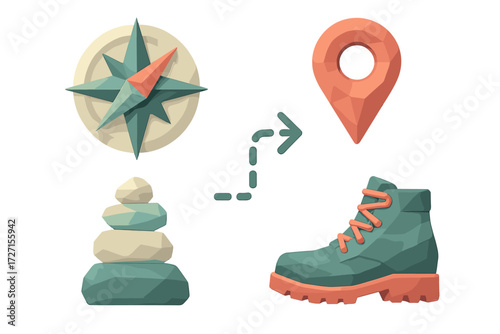 Outdoor adventure navigation elements with compass, location pin, stacked stones, and hiking boot for travel and exploration