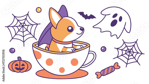 Funny expression on a Dog in a Halloween theme, with sitting in a teacup ride – Spooky Fun vector art