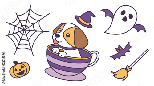 Playful expression on a Dog in a Halloween theme, with sitting in a teacup ride – Spooky Fun vector art