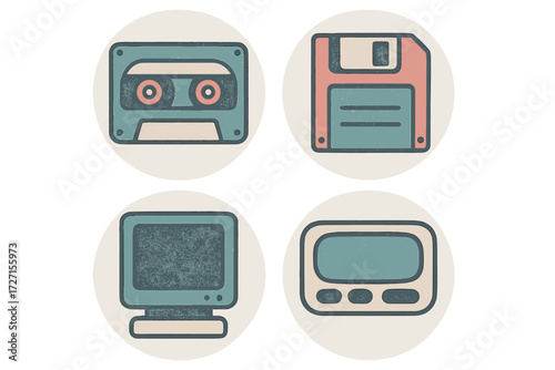 Collection of retro technology icons featuring vintage audio cassette, floppy disk, old computer monitor, and classic pager devices