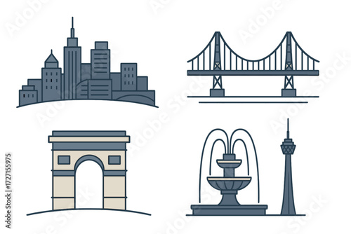 Set of famous global architectural landmarks and urban city elements in a minimalist graphic design style featuring a bridge, arch, skyline, fountain, and tower