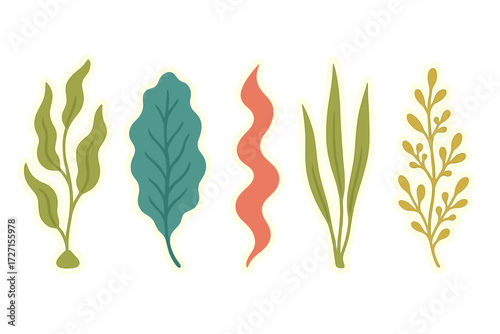 Diverse collection of stylized aquatic plants and seaweed elements in various shapes and vibrant colors suitable for decorative designs