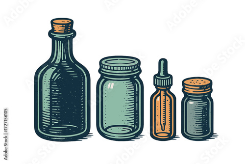 Diverse collection of empty glass bottles, jars, and containers with various closures for storing liquids and solids