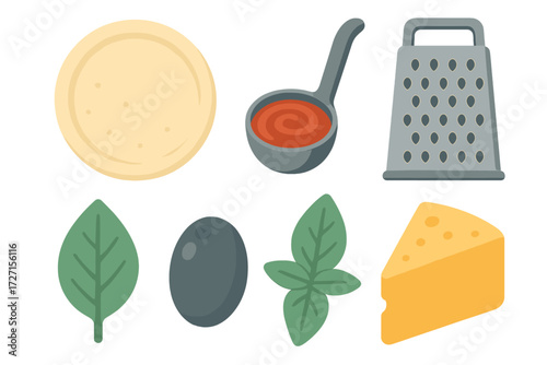 Fresh pizza ingredients and kitchen tools for homemade Italian cooking, including dough, sauce, cheese, basil, and olives