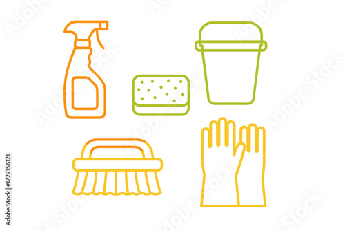 Collection of essential household cleaning supplies for domestic hygiene and sanitation tasks including spray bottle, sponge, bucket, brush, and gloves