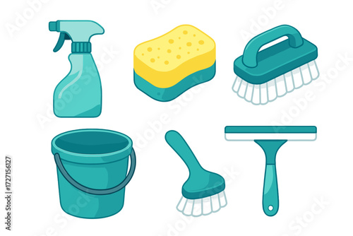 Vibrant collection of essential household cleaning supplies and equipment for domestic chores and hygiene tasks and maintaining a tidy home