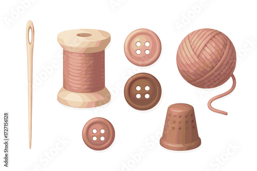 Essential sewing kit elements with needle, thread spool, yarn ball, buttons, and thimble on a clean white background