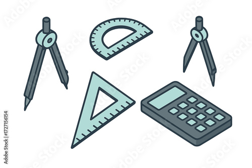 Set of essential geometry and arithmetic tools including compass, protractor, set square, and calculator