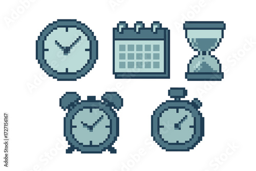 Collection of time management and scheduling symbols including clock, calendar, hourglass, alarm, and stopwatch for various digital applications