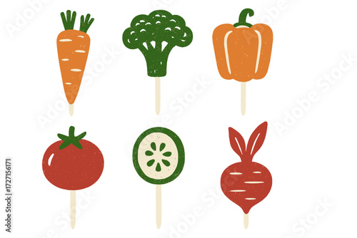 Stylized fresh organic vegetables on sticks with a rustic textured design for healthy eating concepts and garden themes