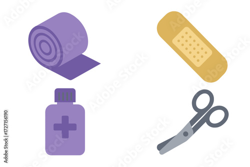 Essential first aid kit items including bandage roll, adhesive plaster, medicine bottle, and medical scissors